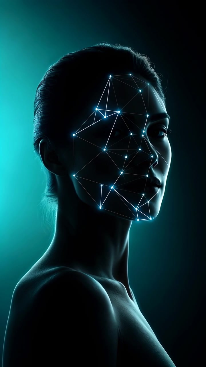 Side-lit female portrait rotates gradually toward frontal view while luminous connected markers trace facial features, with dark silhouette, teal glow, and centered composition.