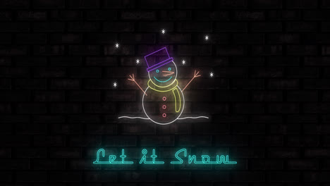 animation of neon let it snow text and snowman on black background
