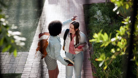 two female students greeting each other with a hug on campus