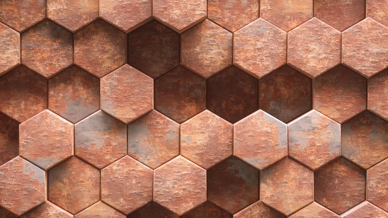 3d animation loop rust metal hexagon tiled wall as geometric background