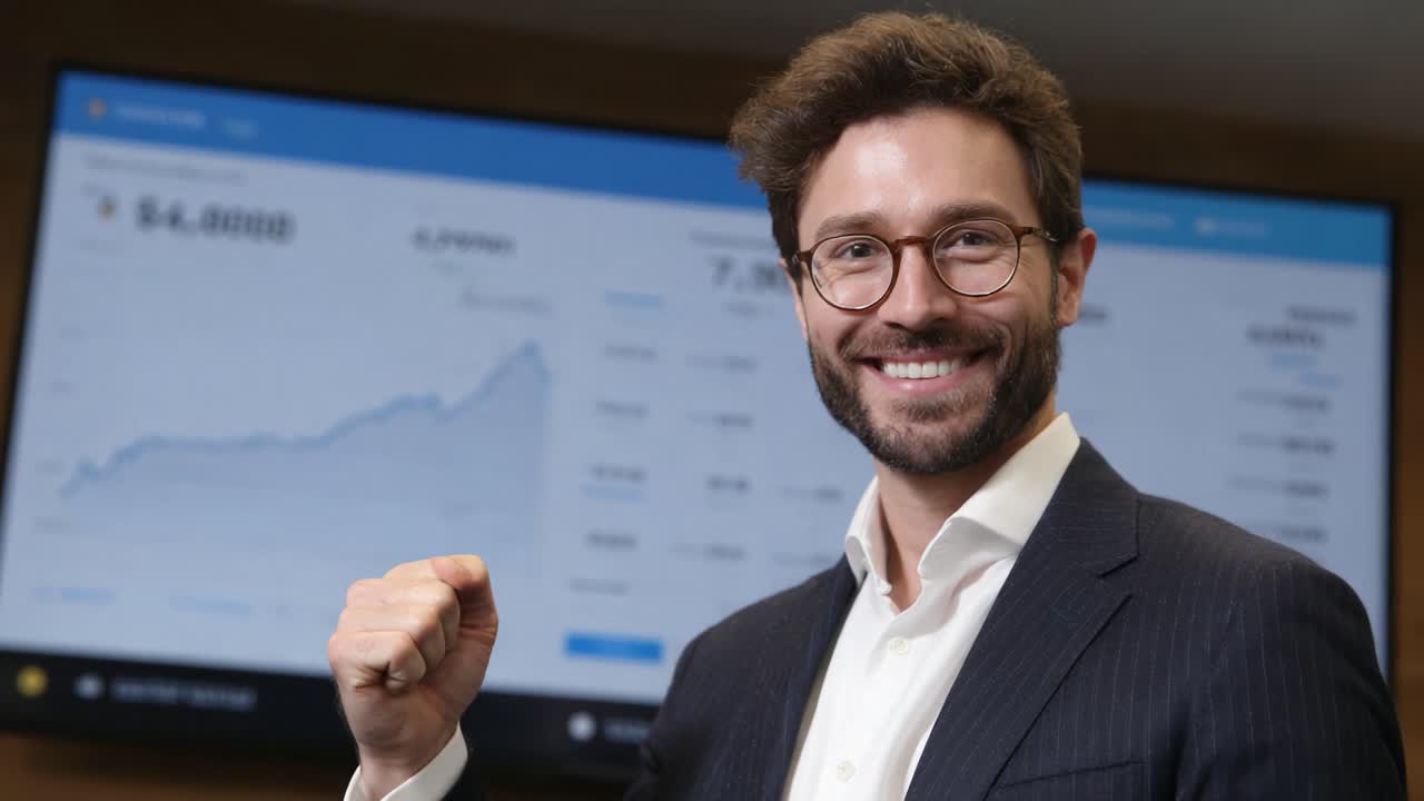 A Successful Business Professional Celebrates Achievements in Financial Markets, Showcasing Growth and Confidence with a Winning Gesture and Enthusiastic Smile