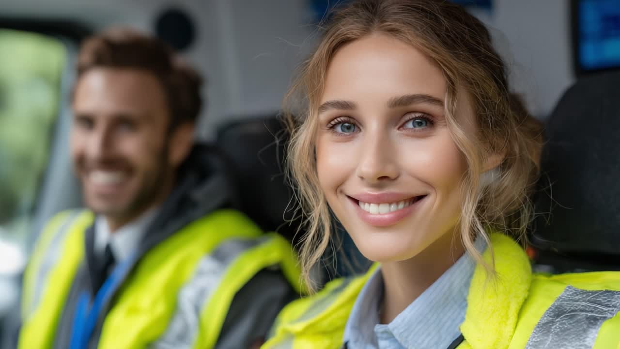 A Bright and Cheerful Moment Captured in an Emergency Vehicle with Two Professionals Smiling in Their Safety Gear, Showcasing Teamwork and Positivity in the Workplace