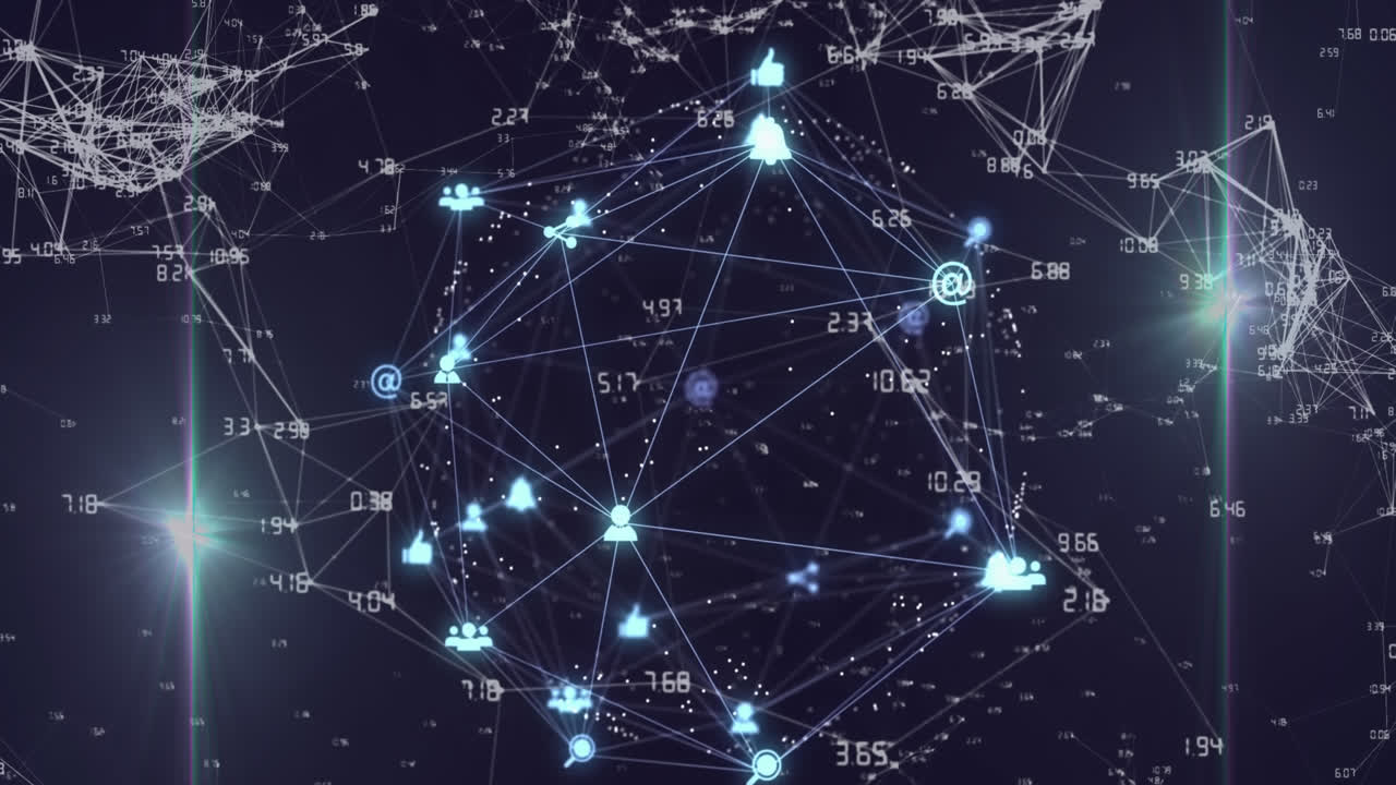 Animation of digital computer icons and numbers interconnecting with lines forming globe