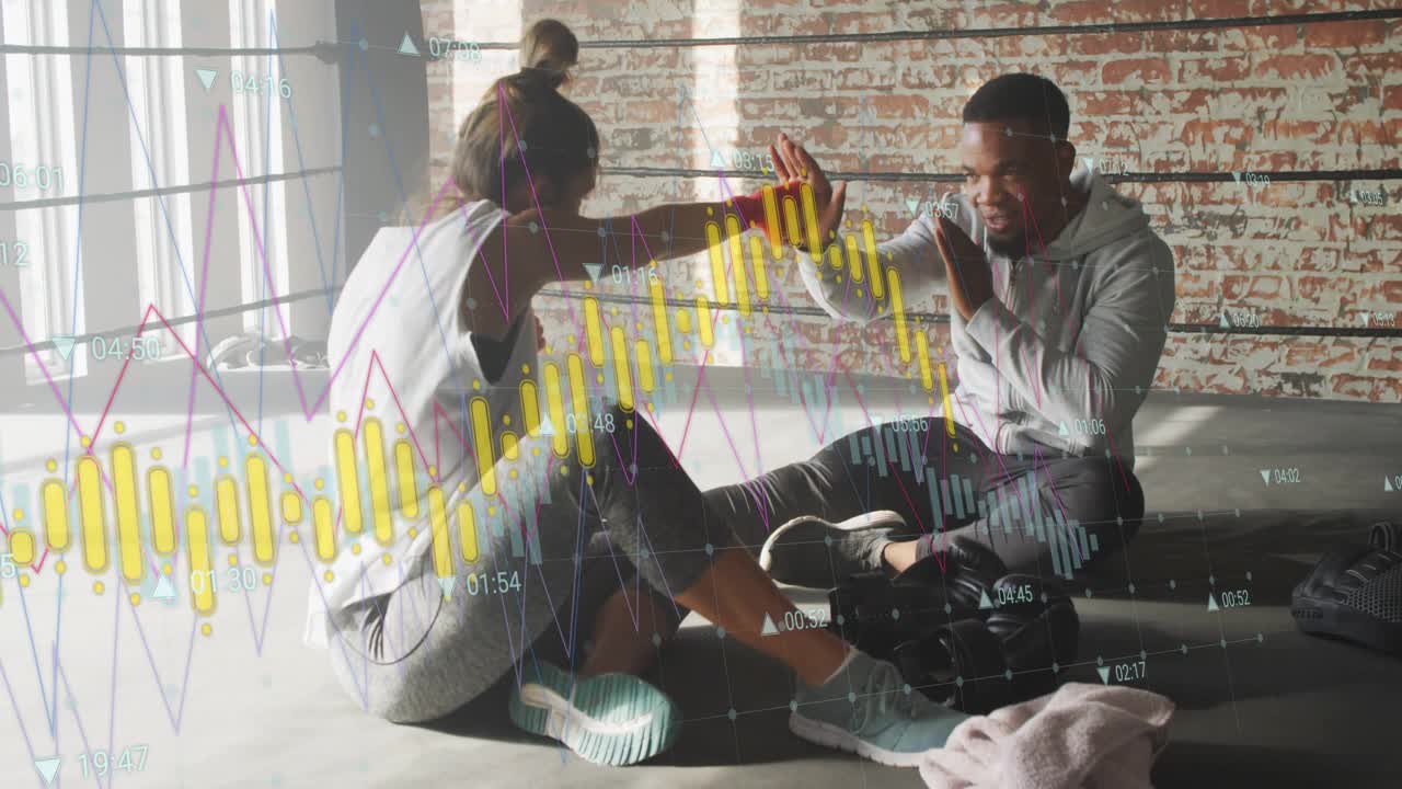 Coach raising pad cueing trainee extending arm throwing jabs guiding form finance charts overlaying