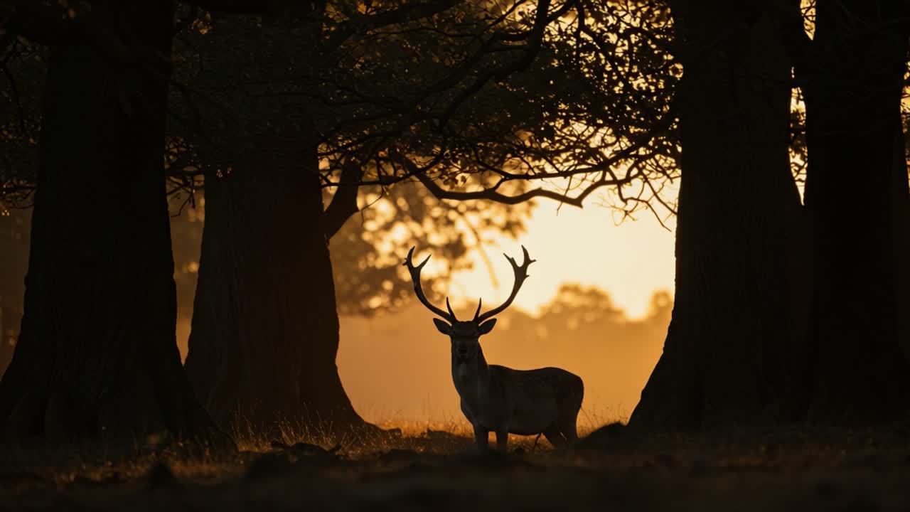 Majestic stag stands gracefully silhouetted against a golden sunset, framed by towering trees, capturing the serene beauty of nature and wildlife in a tranquil forest setting