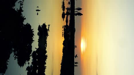 Vertical-wide-low-panning-shot-of-silhouettes-of-people-walking-along-tide-pools-with-clear-reflection-of-the-sky-as-the-sun-is-setting