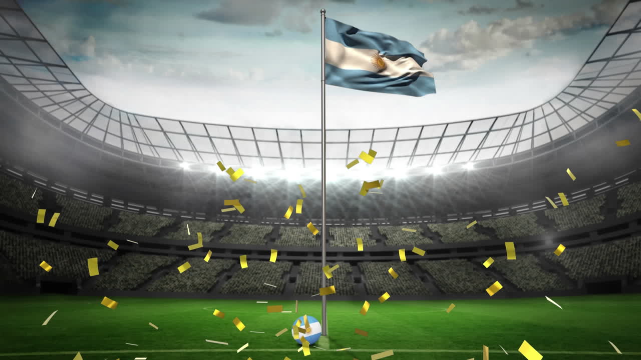 골든 콘페티가 아르헨티나  ⁇ 발을 흔들고 뒤에 스포츠 경기장을 향해 떨어지고 있습니다.