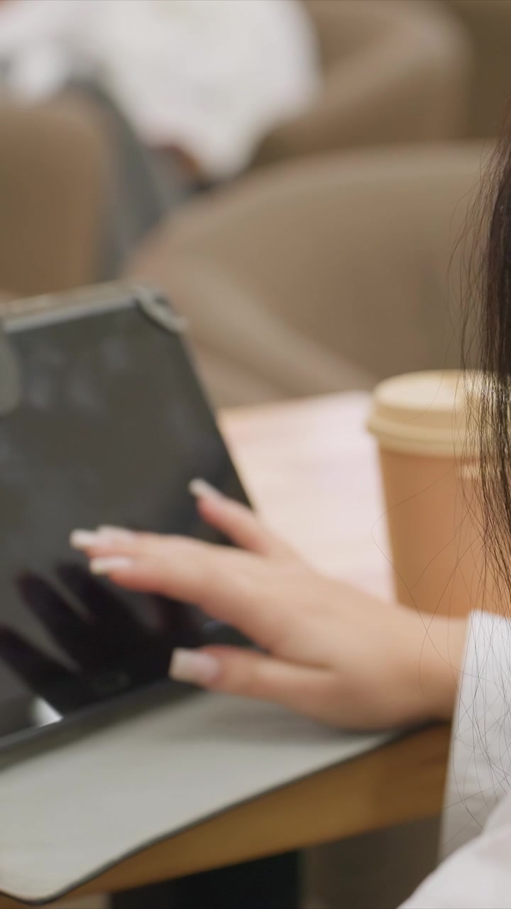 Close up of woman with long dark hair. Her hands featuring manicured nails engage. Environment suggests casual spaces such as home or caf captured from steady close up angles