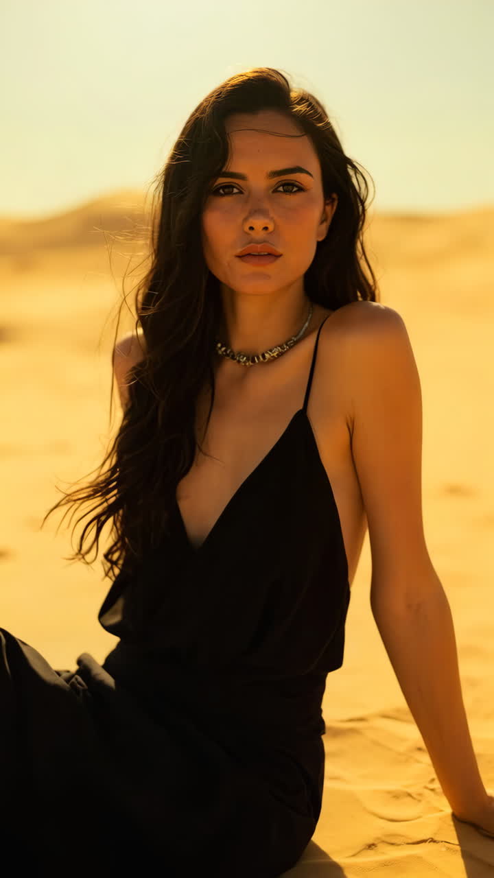 Elegant Woman in Black Dress Posing in a Desert Landscape