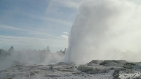 Geothermal-geyser-Erupts,-Rotorua,-New-Zealand,-Slow-motion-iconic-steamy-rocky-environment,-Sunny-Daytime-Sky