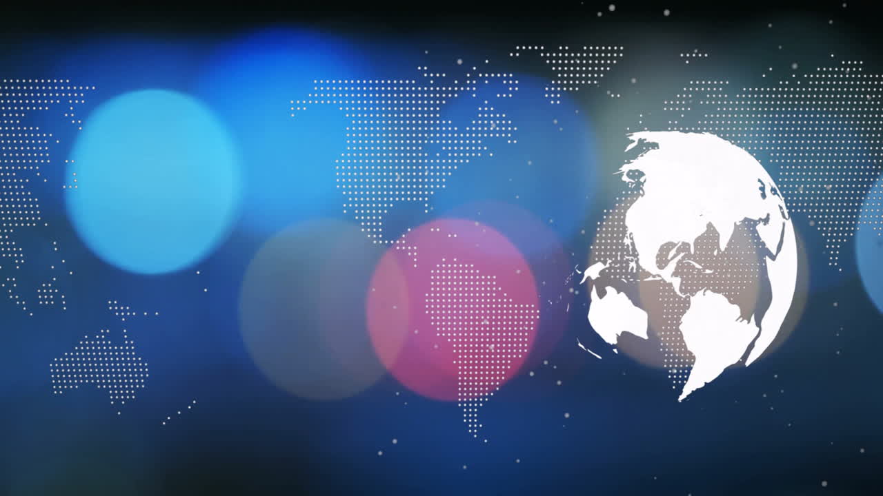 Solid white globe floating over dotted map background, showcasing blue pink gray bokeh lights