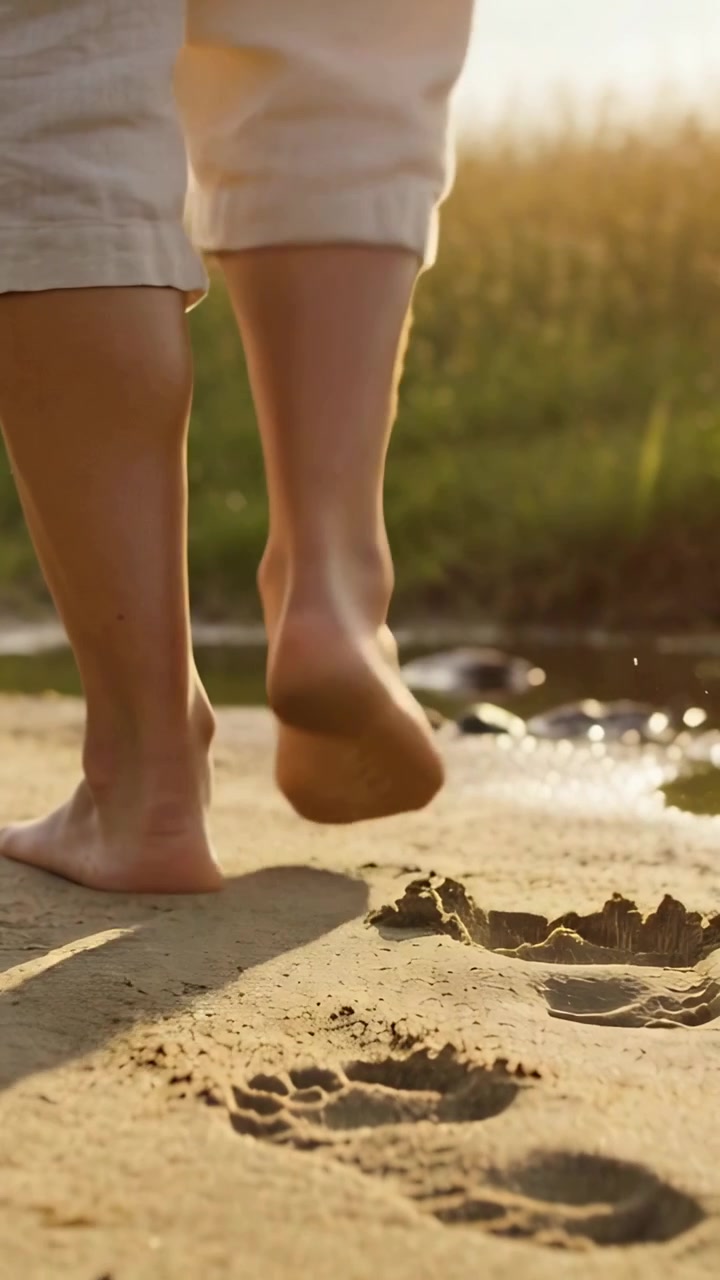 Vertical video: Lifting rear foot, legs in cropped pants heading to lakeshore, leaving footprints