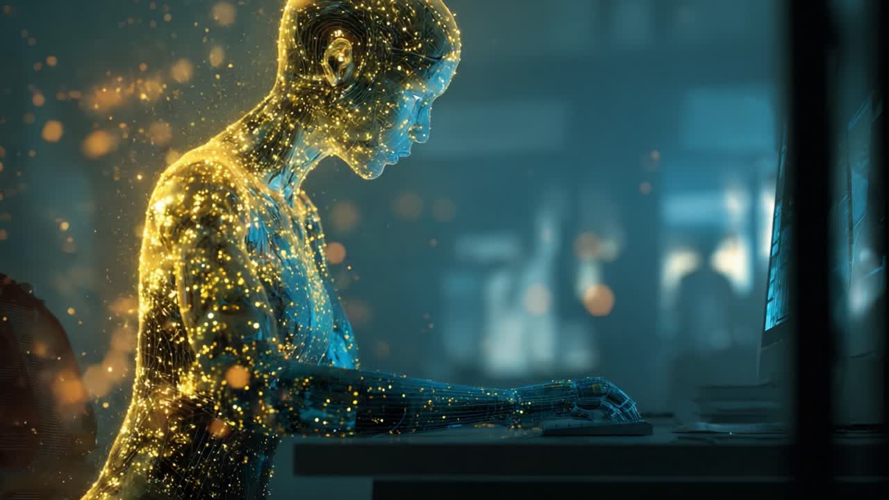 A humanoid figure made of shimmering particles engages with a computer, exploring the integration of technology and humanity within a digital realm of innovation and creativity