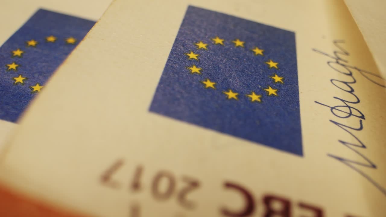 Fifty euro banknotes close-up. European currency EUR, EU Central Bank. 50 euro money macro. Economy, financial and banking concept in European union.