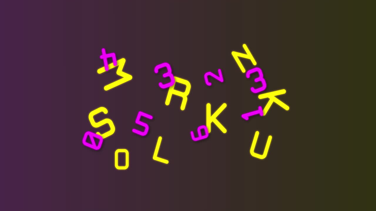 Neon random numbers and alphabets moving and changing against brown background