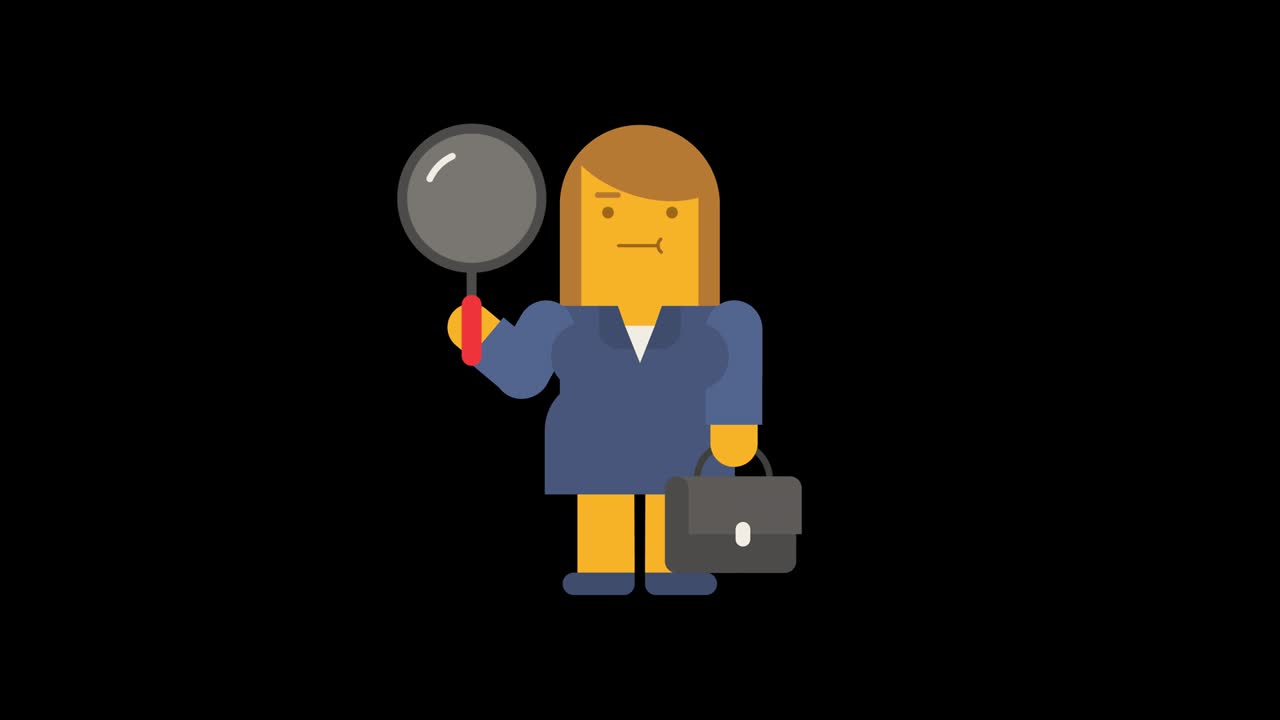Business woman holding magnifying glass and holding suitcase. Alpha channel