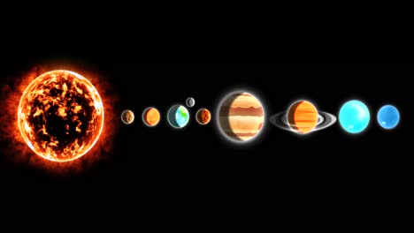 Solar-system-with-sun-and-planets-in-a-row