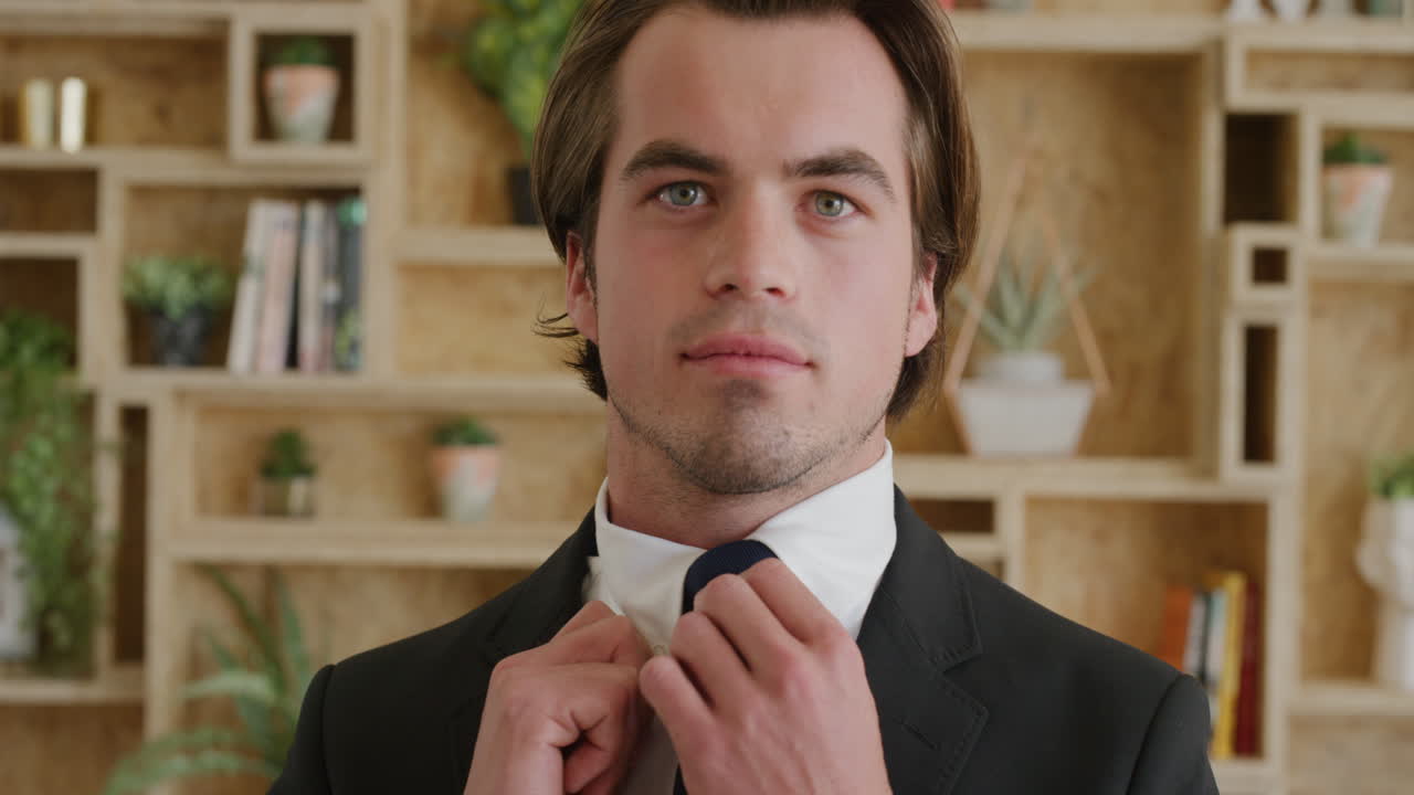 매력적인 젊은 남자의 초상화. 슈트 입고 취업 인터뷰를 준비하고  ⁇ 타이를  ⁇ 고 매력적인 백인 사업가의 느린 동작