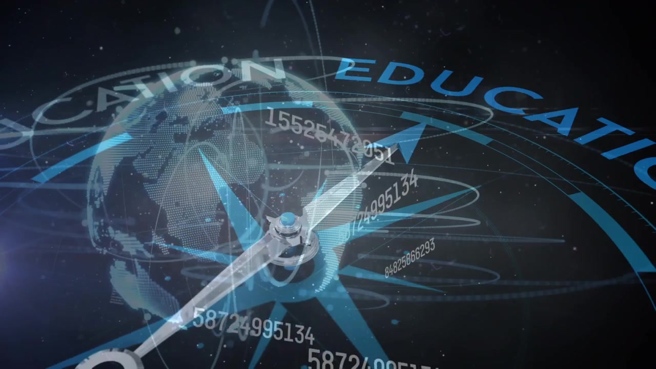 Animation of compass with text over globe, numbers and data processing