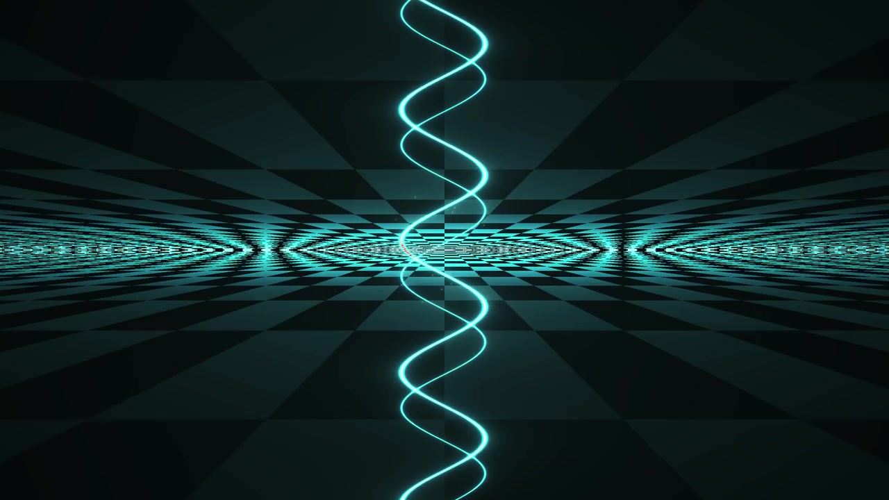 Glowing Cyan Sine Wave Oscillating Over a Dark Checkered Grid