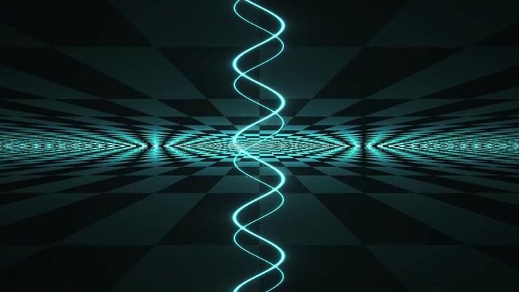 Glowing Cyan Sine Wave Oscillating Over a Dark Checkered Grid