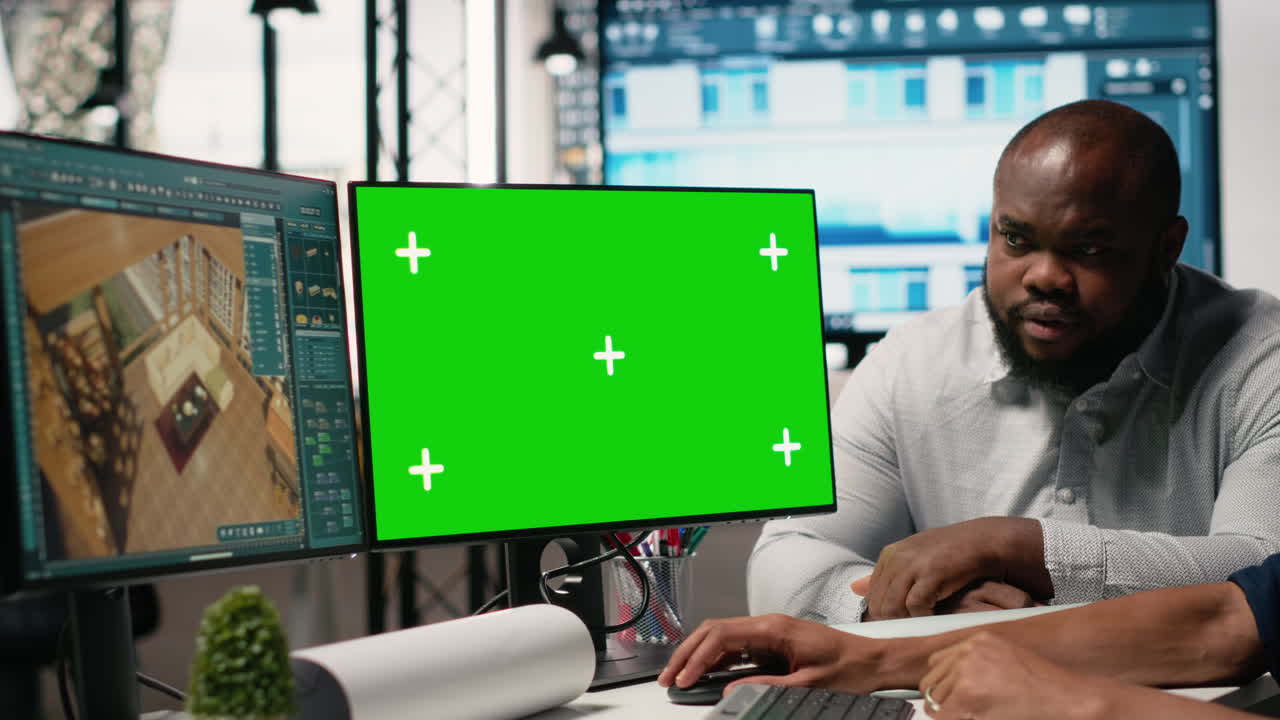 Man working in office with green screen monitor