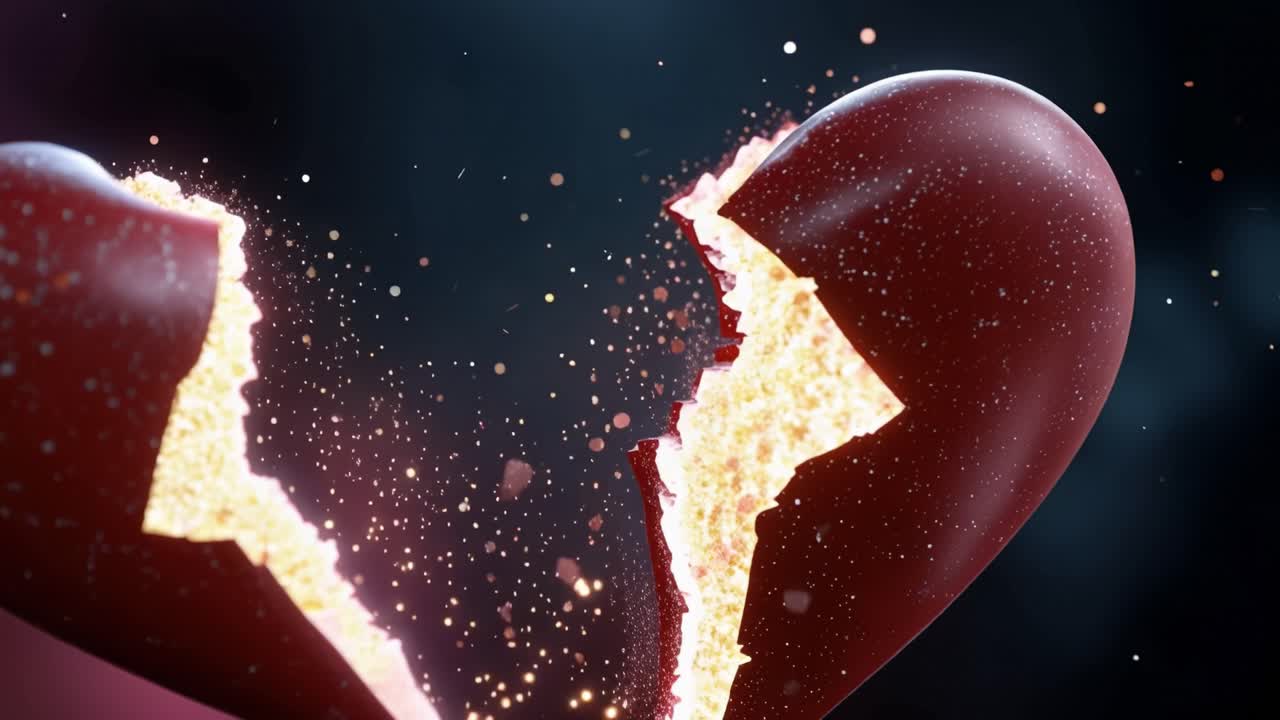 Un cuore si frantuma con crepe luminose e particelle scintillanti. Lo sfondo scuro enfatizza l'impatto emotivo. Colori vivaci contrastano con la forma che si spezza. Ideale per temi di perdita o separazione