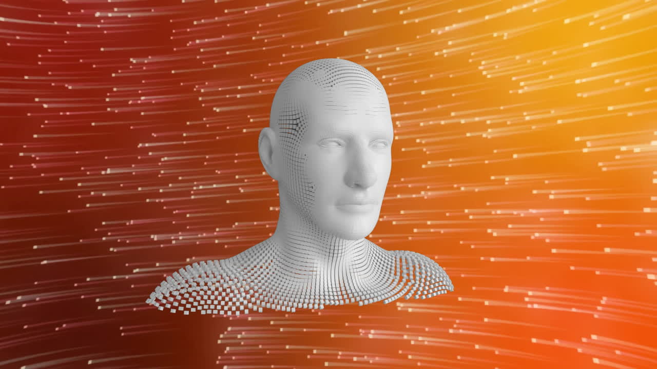 Animation of digital human over white spots on orange background