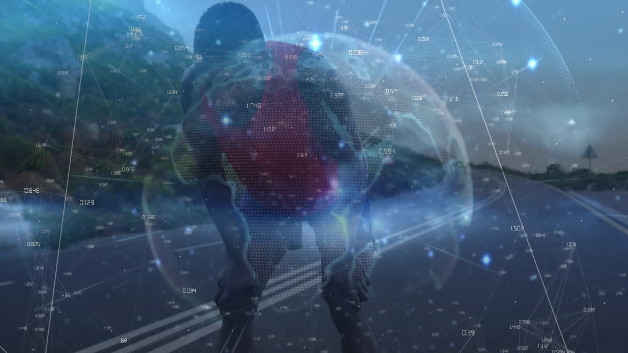 animación de un globo giratorio contra un cansado afroamericano en forma tomando un descanso de correr