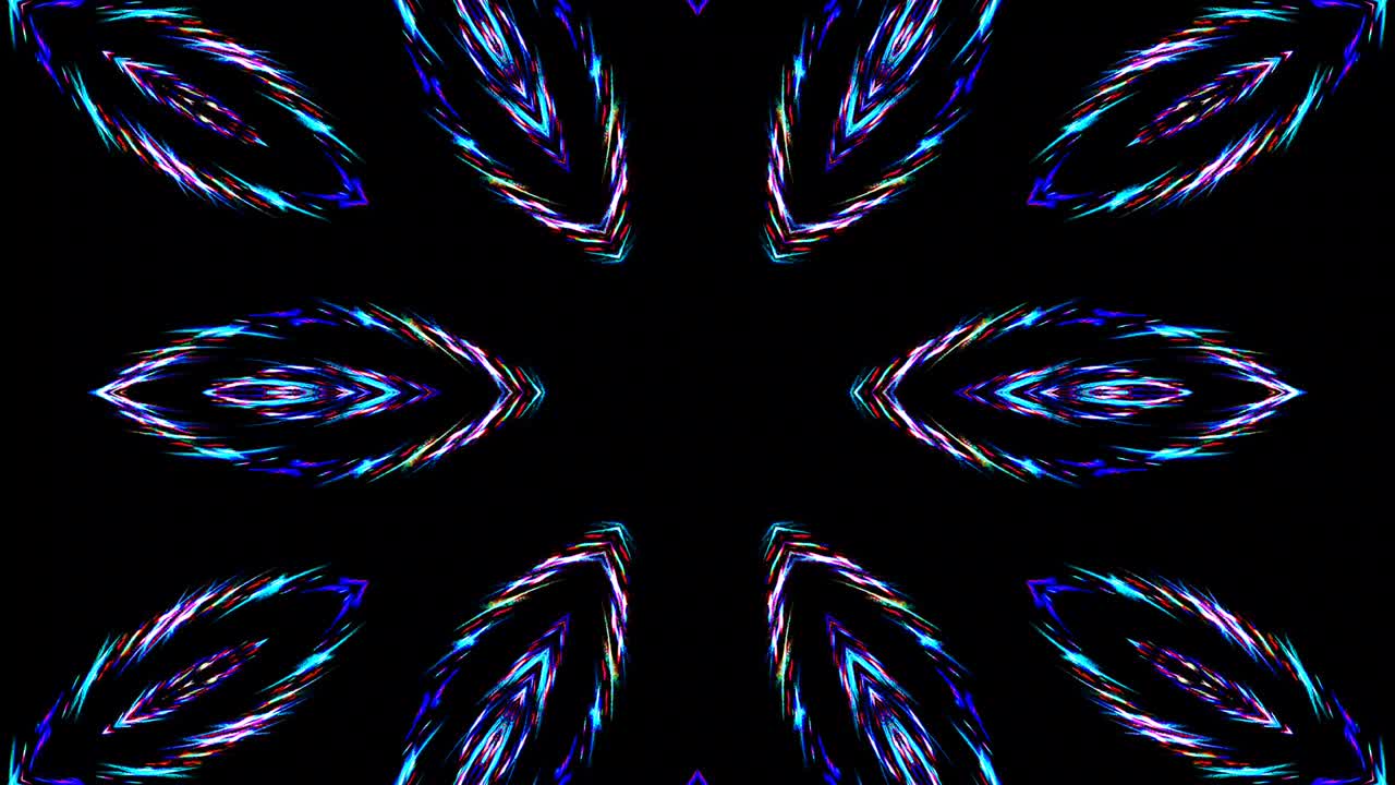 blue stripes glowing wave flower shape, kaleidoscope black background