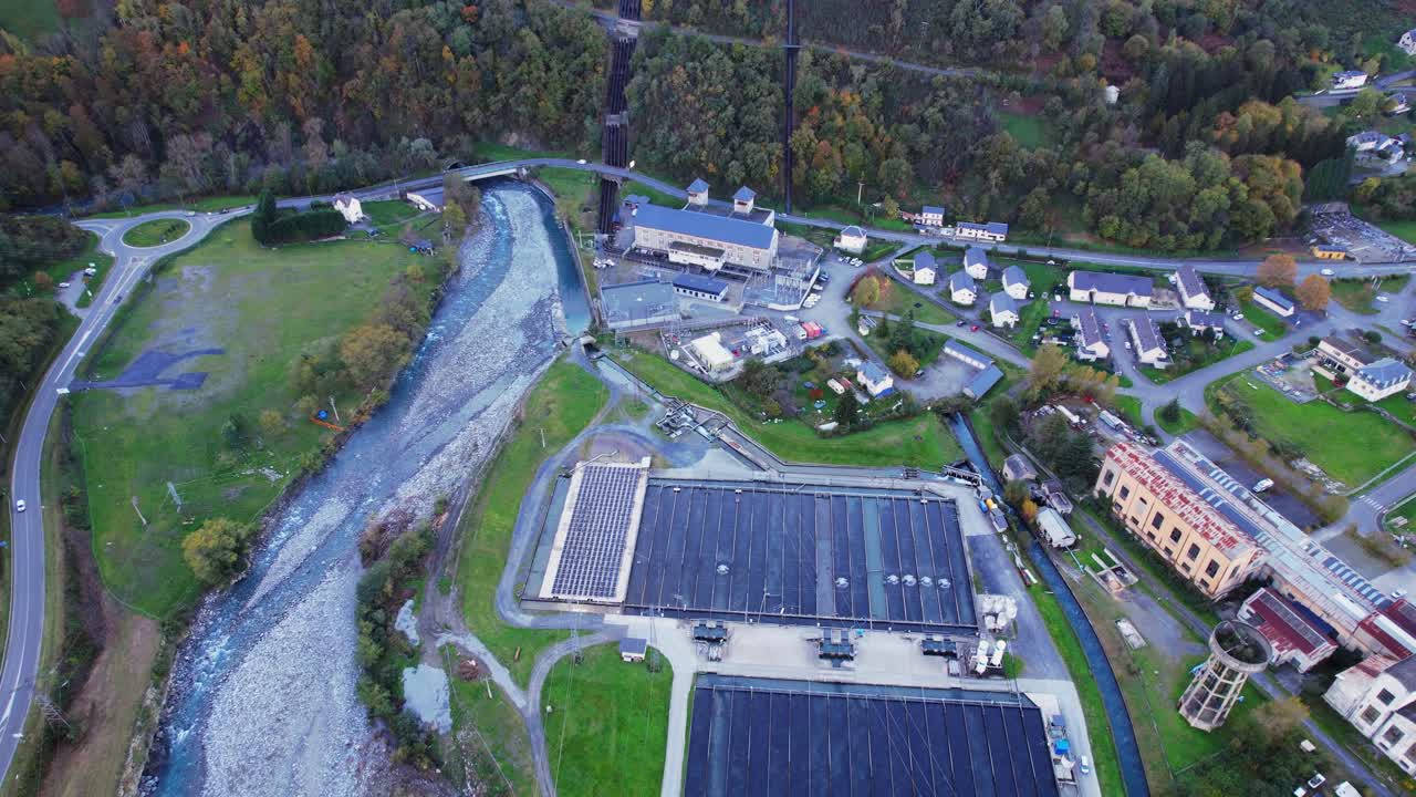 Aerial view of Soulom hydroelectric plant amidst lush Pyrenees landscape