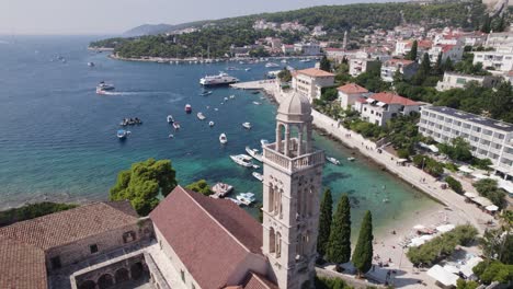 aerial view of franciscan monastery on idyllic coastline of hvar, croatia