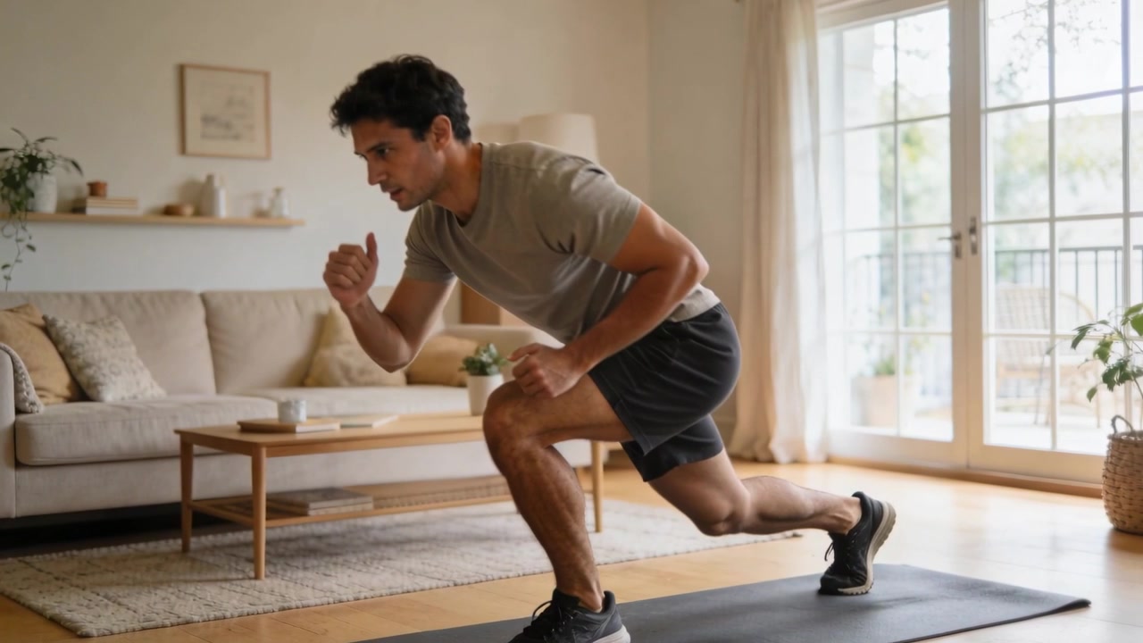 Un uomo con maglietta grigia e pantaloncini neri inizia una serie di esercizi per le gambe, eseguendo affondi, squat e salti su un tappetino scuro in salotto.