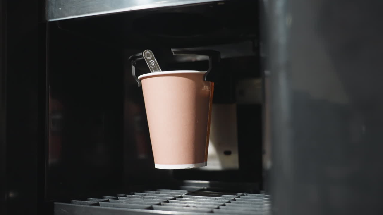cafetera dispensando vaso de papel, preparación automatizada de bebidas, servicio de bebidas, primer plano de máquina de cafetería, colocación de vaso de papel, mecanismo dispensador de vasos, preparación de bebida caliente