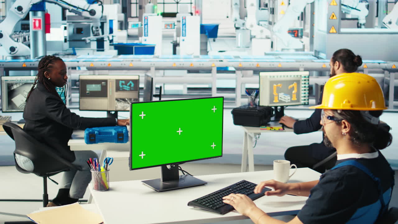 태양광 공장 엔지니어가 시스템 매개 변수를 조정하기 위해 그린 스크린 pc를 사용합니다.