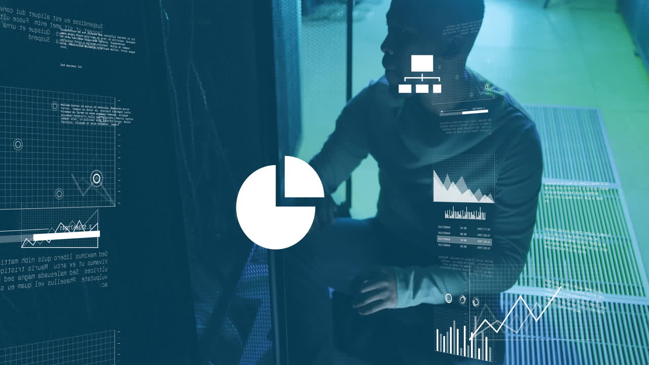 Animation of diagrams and data processing over biracial male worker in server room