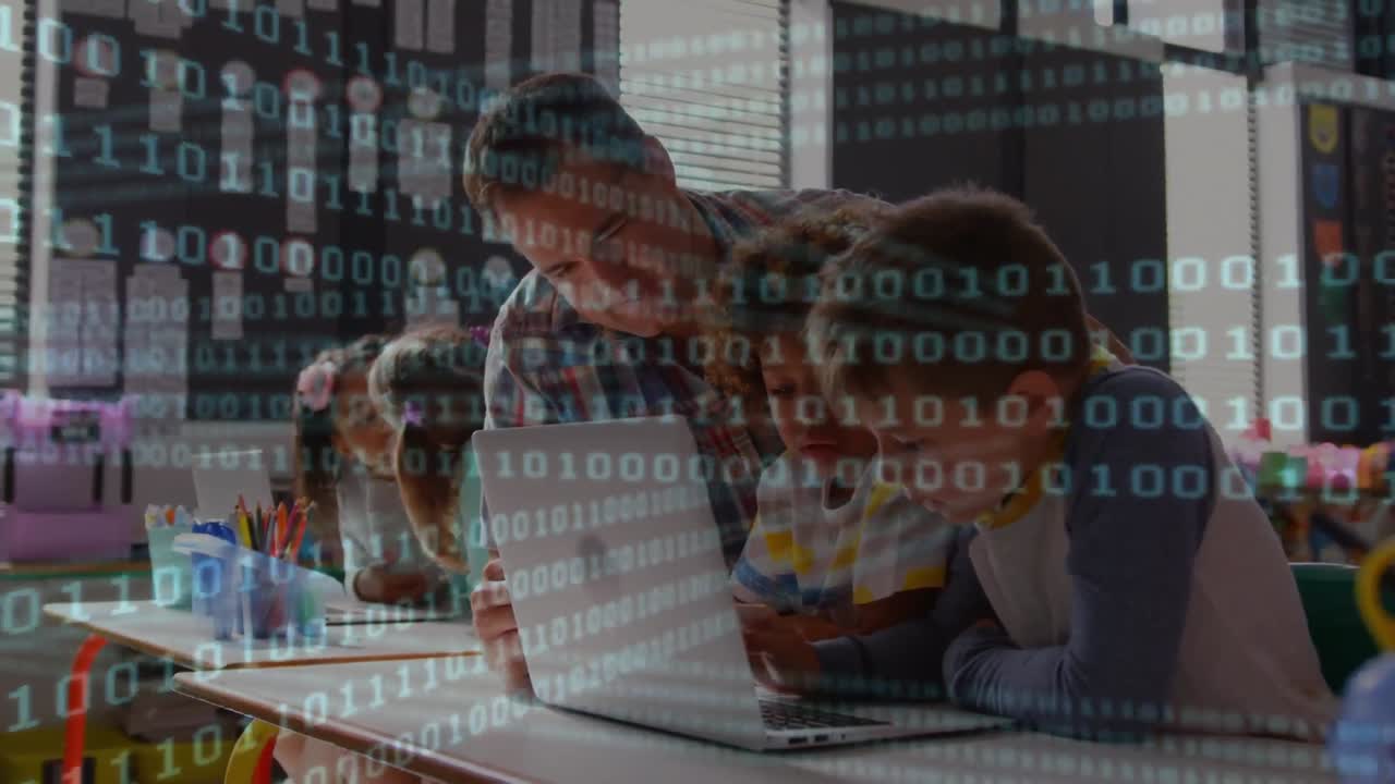 Animation of binary coding over school kids using laptops and studying