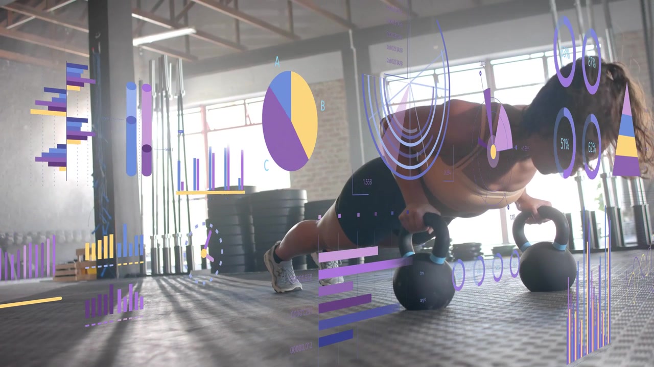 Woman gripping kettlebell performing pushups in gym with animated HUD floating and tracking metrics