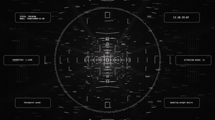 Monochrome HUD graphic displaying AI model training progress, neural network data weights, and machine learning system telemetry.