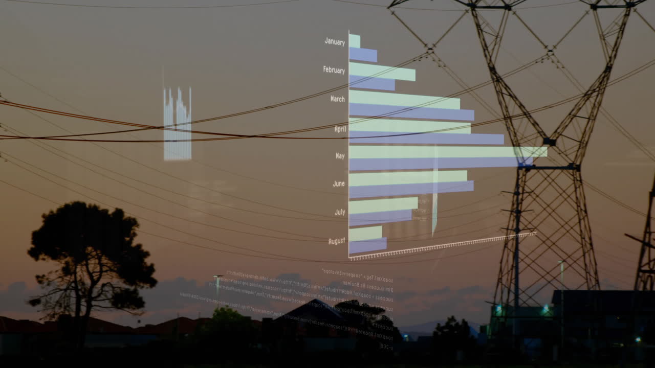 Electricity tower dominating dusk skyline, featuring digital chart and bar overlay crossing window