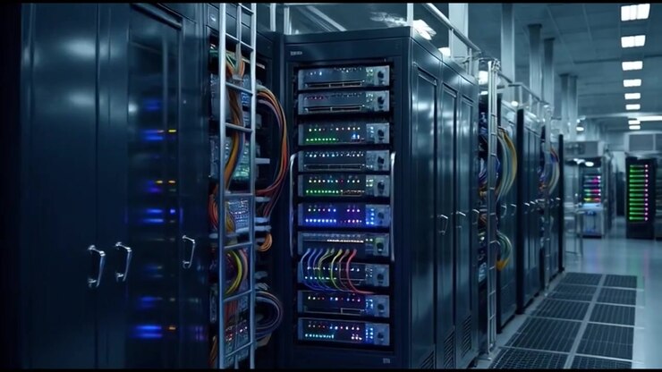 Camera Moving Through Modern Data Center Server Room