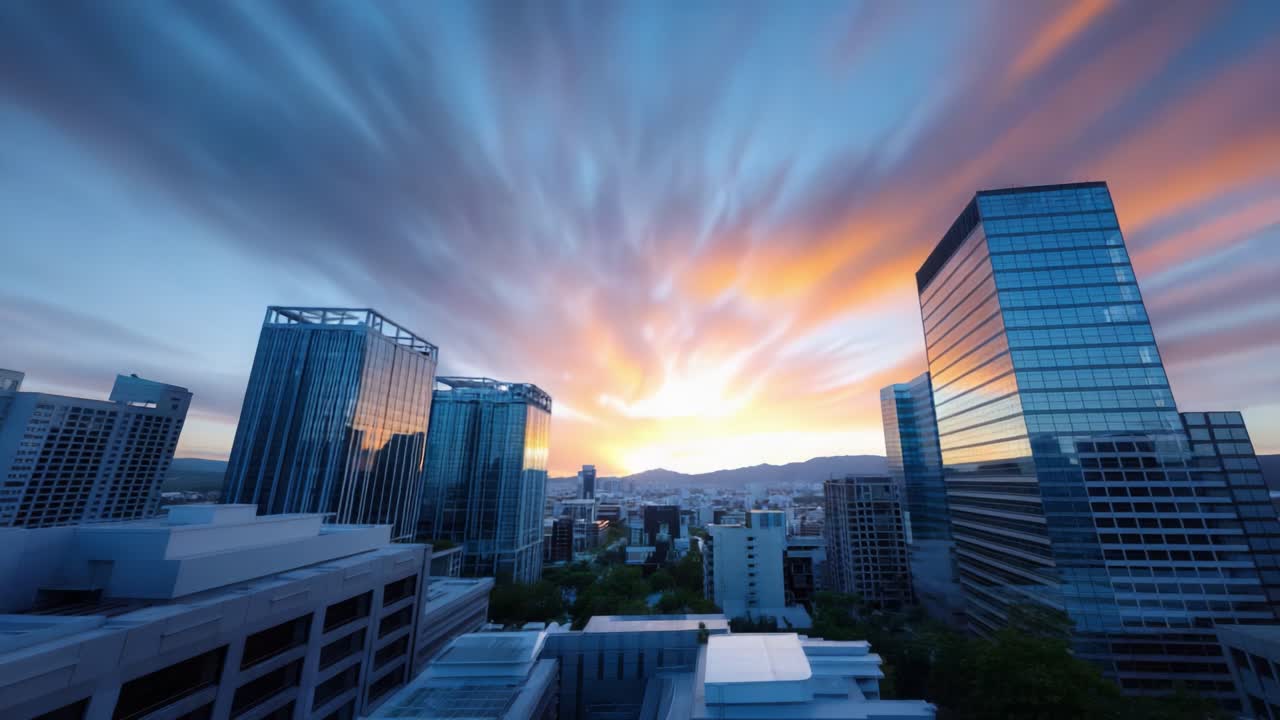 Paisagem urbana de tirar o fôlego ao pôr do sol, com nuvens dramáticas e arranha-céus refletindo cores vibrantes na paisagem urbana enquanto o dia transiciona para a noite