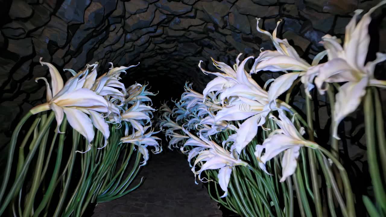 Túnel com flores brancas e verdes