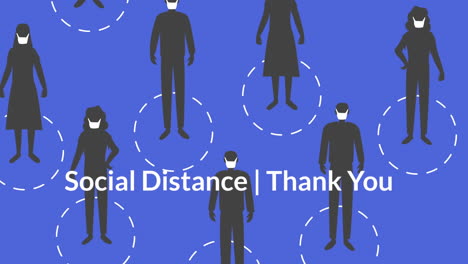 words social distance and thank you flashing with digital human shapes wearing face masks