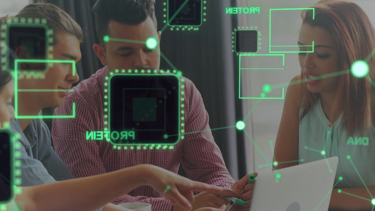 Left woman pointing at laptop, HUD chips PROTEIN or DNA or SEQUENCE reacting, team reviewing researc