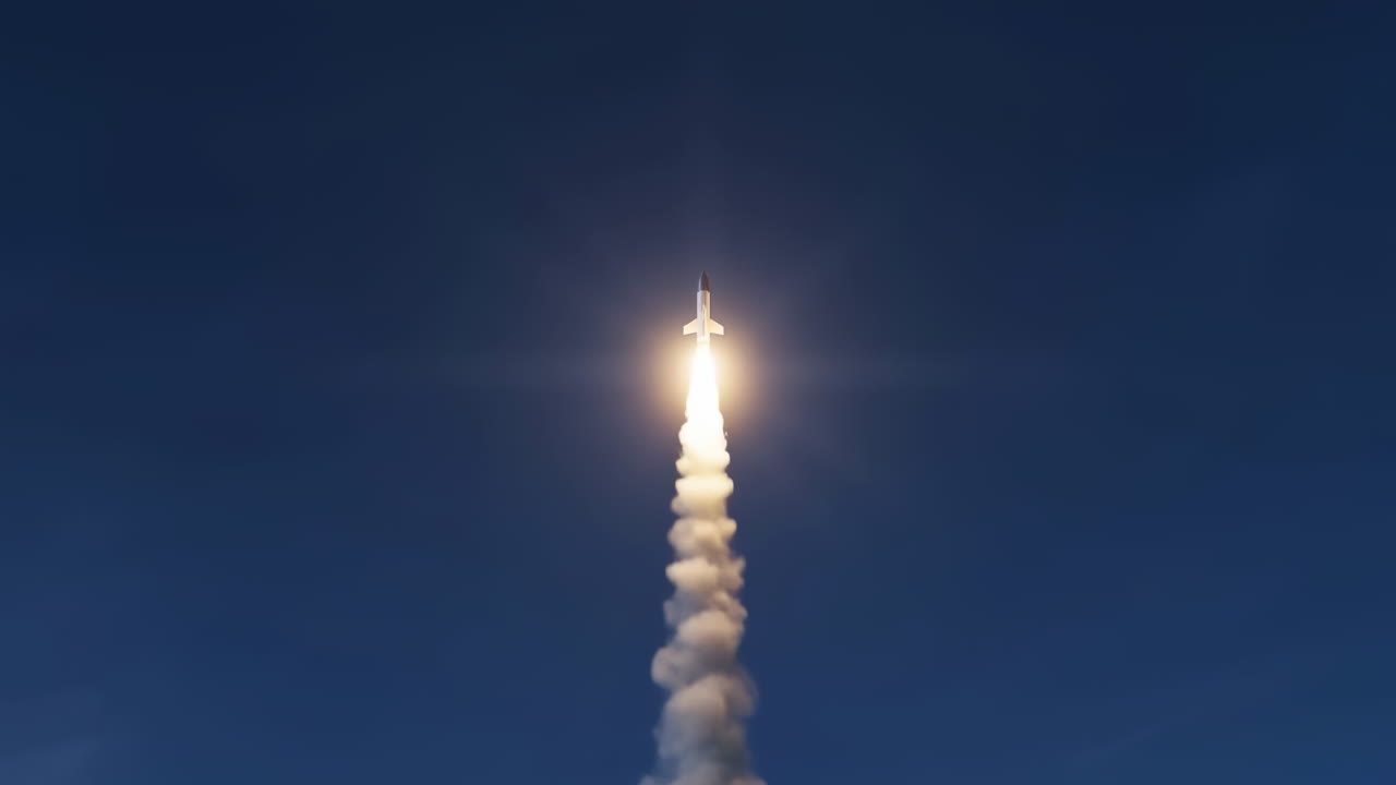 Rocket Ascending Through Deep Blue Sky, Bright Engine Flare And Thick White Plume Trailing Below, Twilight