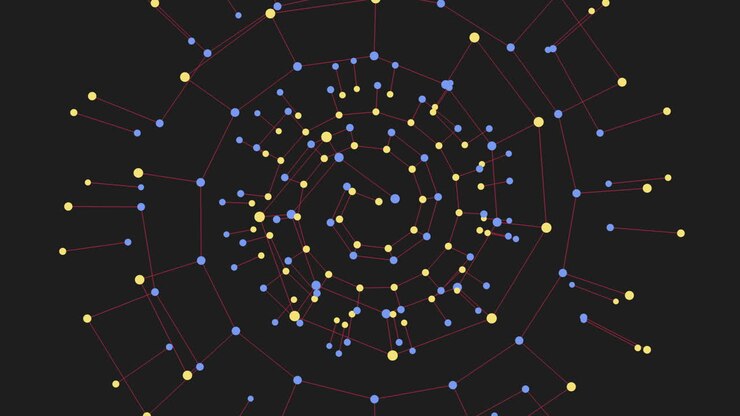 Digital circles in spiral with neon dots on black gradient