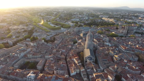 Montpellier-Saint-Anne-church-park-Peyrou,-Pic-Saint-loup-in-background-aerial