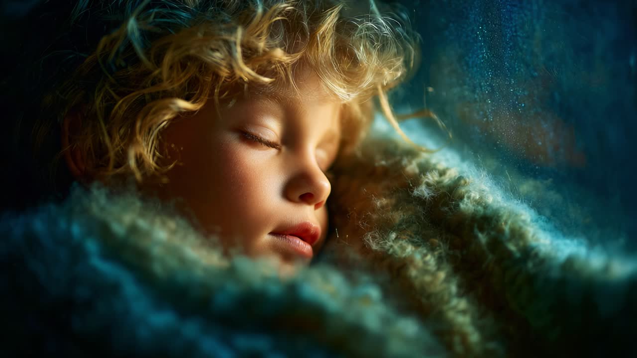 Een serene kind slaapt vredig, gewikkeld in een knus deken, badend in zacht licht, een moment van rust en onschuld vastleggend, omgeven door zachte texturen