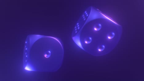 abstract floating dice spin under shiny reflective neon black light - 4k seamless loop motion background animation